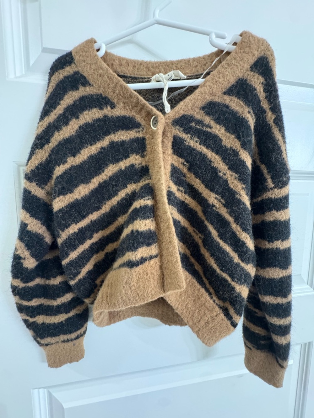 Jessica Simpson Fuzzy Stripe Cardigan Sweater in Camel and Black - girls 4